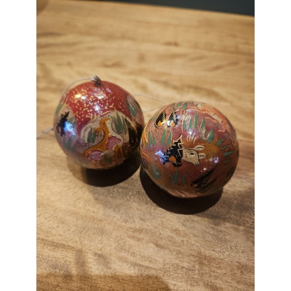 Hand Painted Paper Mache Lacquered Ornament rabbit and  deer, forest Set Of 2